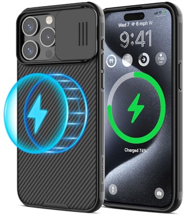 Nillkin Custodia per iPhone 15 Pro Magsafe con Copertura Scorrevole per Fotocamera, Compatibile con La Ricarica Wireless MagSafe per iPhone 15 Pro 6,1 - Nero