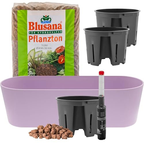 Leni Flori Jardiniere Blumentopf länglich 36 cm Lavendel/Pastell lila Hydrokultur-Komplett-Set mit Übertopf Hydro-Töpfen Wasserstandsanzeiger & Pflanzton