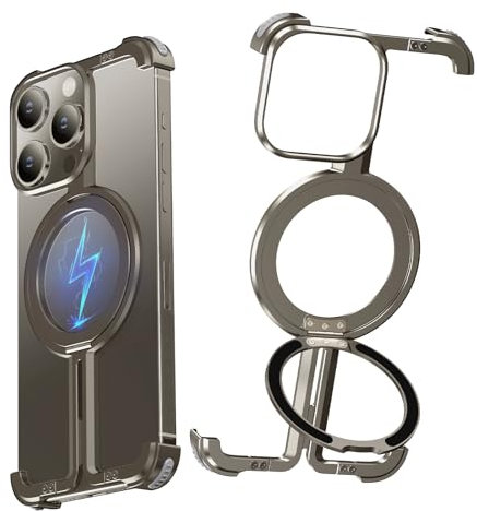 NIFBANG Rahmenlose Aluminium für iPhone 15 PRO Hülle,Magnetisch Stoßfest Handyhülle mit Magsafe,Anti-Scratch Anti-Fingerprint hüllen Dünn,Schutzhülle mit Integrierter Ständer (Primäre Farbe)