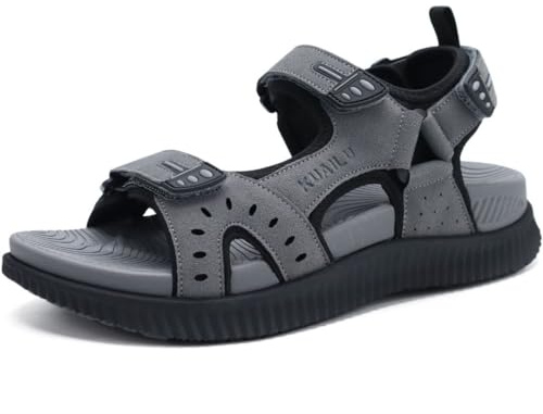 KuaiLu Mens Leather Hiking Sandals with Arch Support Orthopedic Sport Recovery Athletic Walking Sandals For Man Outdoor Summer Casual Thick Cushion Beach Water Fisherman Sandal, size 8.5 Grey