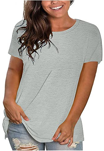 KOG Blitzangebote des Tages Damen Shirt Mode Einfarbig Bluse Freizeit Baumwolle Blusen & Tuniken Frau Kleidung Basic T-Shirt Rundhals Elegante Tages Heute Grau 3XL