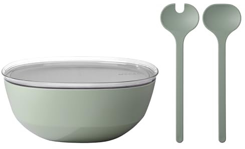 Mepal – Salat-Set Silueta – Servierschale mit Deckel (5000 ml) mit Salatbesteck (28,5 cm) – Outdoor-Serviergeschirr – Spülmaschinen- und mikrowellenfest – Kunststoff (PP, SAN, TPE) – Nordic Sage