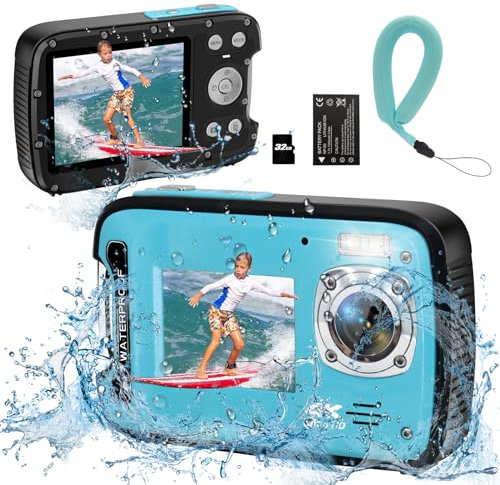 YEEIN Cámara subacuática 4K 48MP enfoque automático selfie doble pantalla impermeable cámara con correa flotante y tarjeta de 32 GB, cámara digital compacta impermeable de 17 pies, cámara subacuática