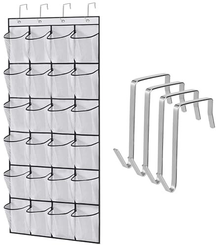 Hanging Shoe Storage, Over the Door Shoe Storage Organiser, Hanging Shoe Rack with 24 Large Mesh Pockets and 4 Hooks, Mesh Hanging Storage Shoe Hanger Holder for Wardrobe Door Tidy with Hanger(White)