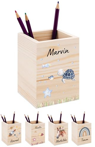 Bärenfreunde® - Personalisierter Stiftehalter Kinder aus Holz - Kreativer und praktischer Schreibtisch-Organizer Kinder mit Namen - Perfektes Einschulung Geschenk und Geburtstag (Schildkröte blau)