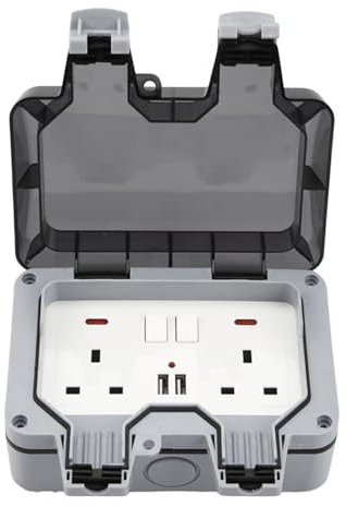 Waterproof IP66 Double Outside Socket - 13Amp UK Plug 2 Gang External Wall Electrical Outlets - Weatherproof