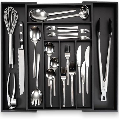 budu Range-couverts #45 (profondeur 45 cm) en bambou – Noir - Système de rangement des tiroirs pour la cuisine – Range-couverts pour tiroirs en bambou – Extensible – Organiseur de cuisine…