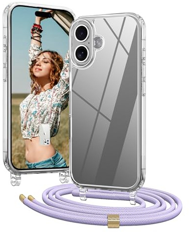 OLEPHY Handykette für iPhone 16 Hülle mit Band, Lila | Necklace Handyhülle, Transparente Schutzhülle zum Umhängen [Verstellbarem und Demontage Umhängeband],