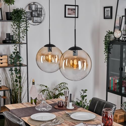 HOFSTEIN Hängeleuchte Gastor, 2-flammige Hängelampe aus Metall/Glas in Schwarz/Bernstsein/Klar, Vintage-Design (Ø 30cm), E27, Pendelleuchte höhenverstellbar max. 127cm, Esszimmer, Wohnzimmer, Küche
