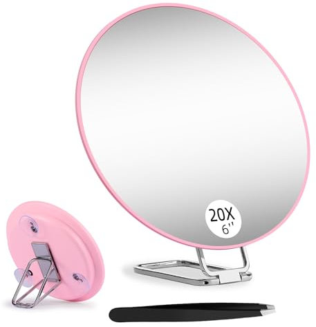 Miroir grossissant de voyage 20 x 15 cm avec support et ventouses – Grossissement de poche pour maquillage, rasage, nettoyage en profondeur – Comprend une pince à épiler