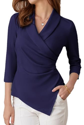 GRACE KARIN Vintage V Neck 3/4 Long Sleeve Ladies Tops Tunic Slim Green Tops for Women UK Navy Blue S