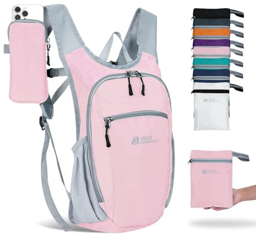 HIGH EXPERIENCE Wanderrucksack, 10 l/15 l, kleiner Tagesrucksack, leicht, verstaubar, Reisen, faltbar, wasserabweisend, für Damen und Herren, Pink, 15L, Faltbarer Wanderrucksack