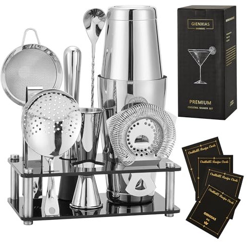 Gienxias Boston - Set di 10 shaker da cocktail in acciaio inox, con colino da bar, pinza per ghiaccio, cucchiaio da bar, misurino e supporto in acrilico, barista domestico e professionale (argento)