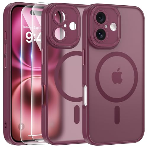 FLLAO Funda para iPhone 16, Compatible MagSafe, con 2 Piezas Protector de Pantalla Cristal Templado, [Protección de Cámara] Magnética Carcasa Translúcida Mate Trasera Fina Antigolpes, Granate