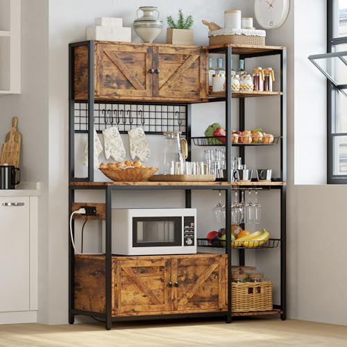 IRONCK Bakers Rack with 2 Storage Cabinets and Power Outlet, 45.3 Inch Industrial Coffee Bar Cabinet Shelves, Kitchen Microwave Stand with Storage, Vintage Brown