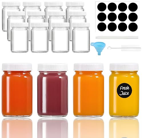 Kiswleon 12-Pack Glass Shot Bottles with Lids 12-2oz,Small Ginger Bottle with Funnels Labels,Small Glass Bottles with Lids for Ginger Shots Juice Alcohol Oil Sauces