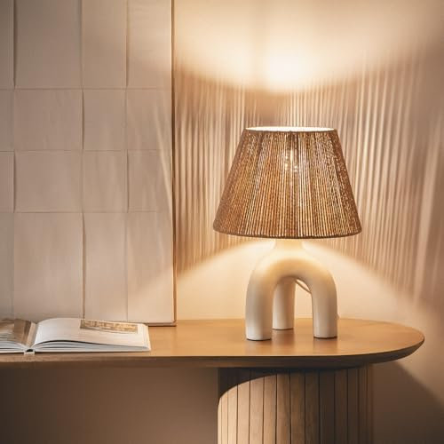 LEDKIA LIGHTING - Lámpara de Mesa Otilia | Resina y Papel Trenzado | Diseño Elegante para Salón y Dormitorio | Potencia Máx. 40W | IP20 Interior, Blanco