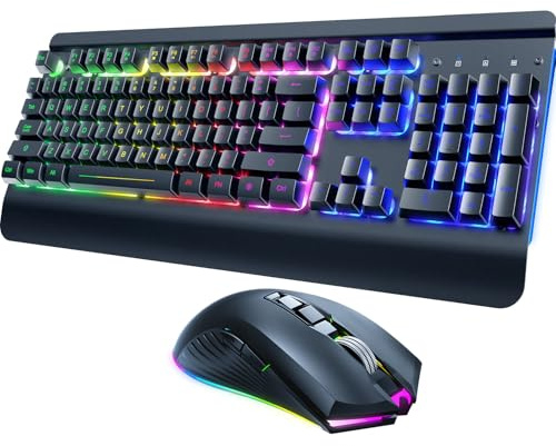 RisoPhy Tastiera e mouse wireless da gioco, pannello in metallo, retroilluminazione a 7 colori, batteria ricaricabile da 3200 mAh, poggiapolsi, modalità sleep, tastiera illuminata + mouse da gioco 7D