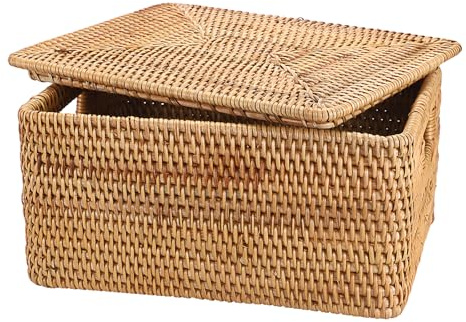 SUMTree Panier de rangement en rotin avec couvercle 33x25x16cm | fait à la main, Boîte décorative, Organisateur avec poignées, Pour étagère, placard de cuisine, bureau