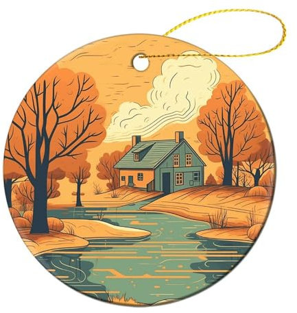 Weihnachtsschmuck Fluss vor dem Haus, bedruckt, rund, Keramik, hängende Ornamente, Weihnachtsbaumschmuck, doppelseitig, Weihnachtsdekoration