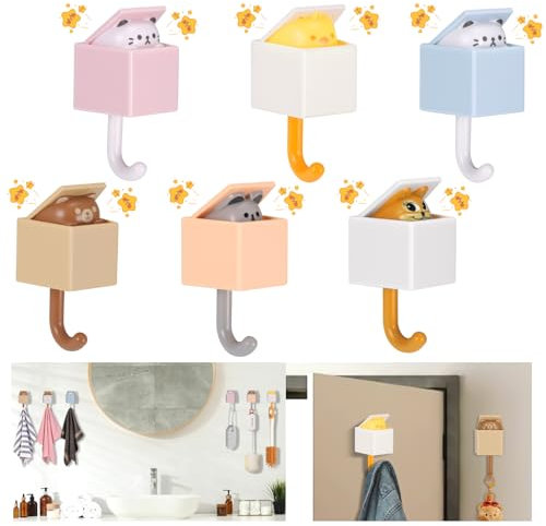 Starvortex 6Pc Creativo Gato Gancho Decorativos, Expulsar Perchero Infantil, Fuerte Autoadhesivo Perchero Niños, Sin Perfora Perchero Puerta Infantil, Lindo Adhesivos 6pc Cute Wall Hooks