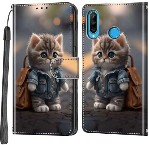 Cover per Huawei P30 Lite/Nova 4e, Antiurto Flip Case Pelle Libro Portafoglio Custodia con Slot per Schede Magnetica Custodia Gatto