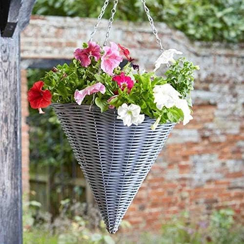 Garden Mile Slate Rattan Hanging Basket Outdoor Durable Basket For Garden Decorations, Patio Hanging Flower Planters - Weatherproof Garden Planter (Slate Cone, 2)