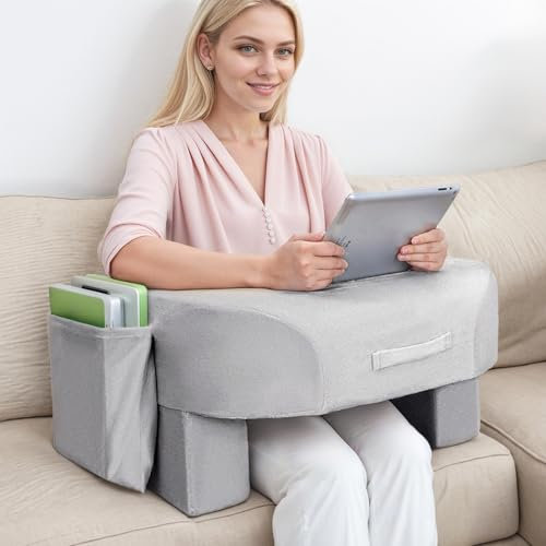 Coussin de Lecture Velours - Coussin Ergonomique Réglable pour Bras/Épaules Pour Lit/Canapé/Bureau, Mousse Mémoire Respirante, Portable avec Poignée, Jeux/Travail/Lecture/Tricoter, Gris