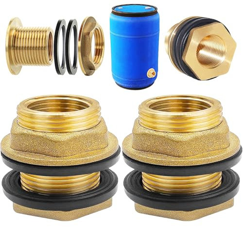 Begpoee 2 Piezas Conector de Tanque de Agua de Latón, Rosca para Barril de Agua, Con Rosca Exterior de 1 Pulgadas x Rosca Interior de 3/4 Pulgadas, Para Grifos, Baldes y Tanques de Agua(Amarillo)
