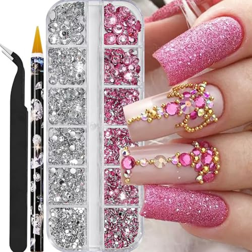 Strasssteine Nägel Rhinestones 5 Größen Nagel Steine Glitzersteine Nägel Steinchen für Nägel Nail Gems Nail Rhinestones Flatback Strasssteine Set mit Pinzette und Dotting Pen für Nagel Bekleidung DIY