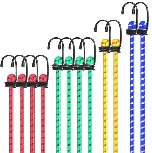 CIOXSOIO Set di 12 Corde Elastiche con Gancio, 4 Misure di Ganci Elastici, Corda Elastici con Ganci per Teloni, Portapacchi, Auto e Bici, Campeggio, Bagagli