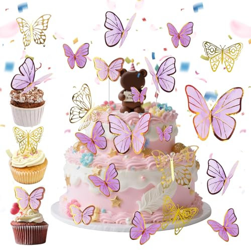 34 Stück Schmetterlinge Tortendeko, 3D Dreidimensional Schmetterlinge Deko Torte, Tortendeko Geburtstag Schmetterling Cupcake Topper für Hochzeit, Geburtstag, Jubiläum (Lila+Gold)