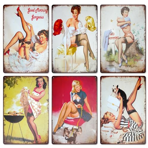6Pcs Vintage Metal Tin Sign, Pin Up Girl Lady Plague Poster | Black Stockings Sexy Temptation, Retro Tin Signs Wall Art Decor for Home Cafe Man Cave Bar Pub Gift (12x8 Inch)