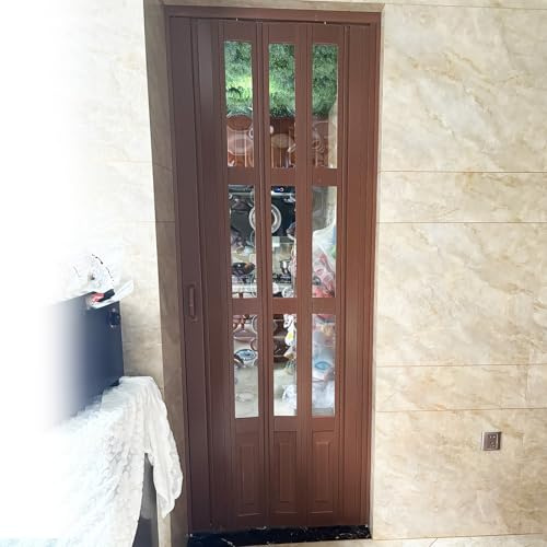 RENLXFI Puerta Corredera Plegable Brown PVC Accordion Sliding Barn Door, Multifold Interior Folding Door with Top Track & Handle, Custom Size, Kitchen Pantry Bedroom Room Divider(WxH 60cmx180cm)