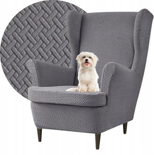 Domidekor Ohrensessel Überzug – Sesselschoner – Sesselbezug Stretch Dunkelgrau - Strandmon Sessel Bezug – Sesselhusse Elastisch Jacquard Fischgrät Schmutzabweisend - Oeko-Tex 100