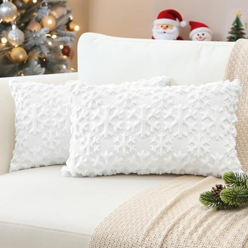 JOTOM 2er Set Weihnachten Kissenbezüge, Plüsch Kurze Wolle Dekorativ Zierkissenbezüge Schneeflocken Kissenhüllen Sofakissen Kissenbezug Weihnachtsdeko für Wohnzimmer Garten (40x60cm, Weiß)