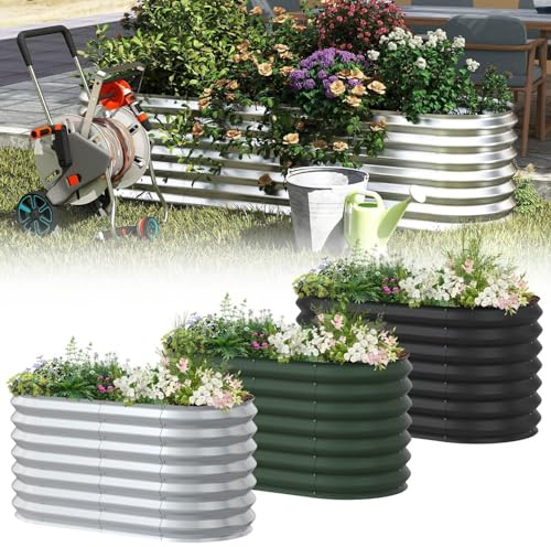 UISEBRT Hochbeet Metall Kräuterbeet Gemüsebeet aus Galvanisierter Stahl| Rostfrei Pflanzkasten Frühbeet Aufzucht Beet für Garten Balkon 340 L | Oval 120x60x60cm (LxBxH) Silber |