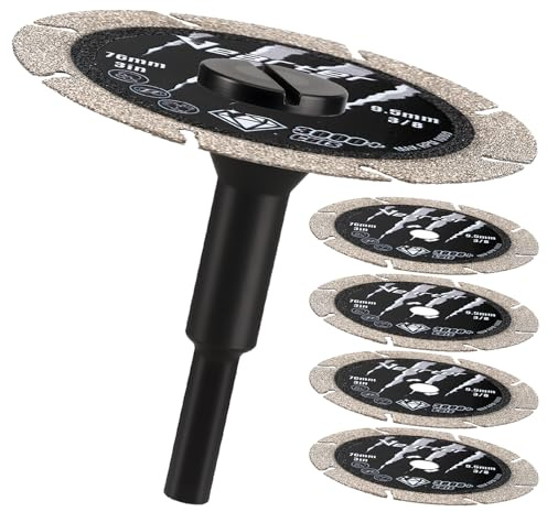 Vearter Disco da taglio diamantato da 76 mm, 5 dischi da taglio bifacciali per smerigliatrice dritta/trapano, accessori per smerigliatrice dritta, con mandrino da 6 mm per metallo, acciaio
