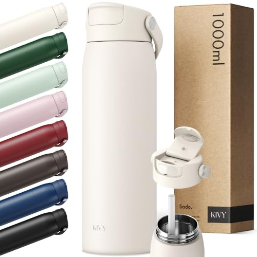 KIVY Edelstahl Trinkflasche mit Strohhalm 1l - Spülmaschinenfest & BPA-Frei | 24h Kalt | 12h Heiß - Ausflaufsicher - Isolierte Trinkflasche Sport - Thermo - Wasserflasche Edelstahl - Thermosflasche