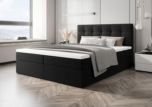 B&B HOME Sagani Boxspringbett mit Bettkasten und Stauraum, Beige, 180x200 cm, Polsterbett mit Aufbewahrung, Modernes Design mit gepolstertem Kopfteil (Schwarz)