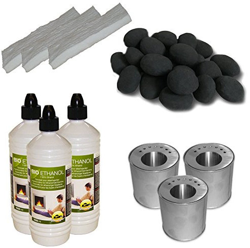 Original Hekers Set Keramik-Steine 24Stk schwarz. + 3 L Bioethanol + 3 Brenndosen inkl. Sparplatte + 3 Keramik-Schwämme für Gelkamin Tischfeuer Dekoration Kamin-Deko Bioethanol-Kamin