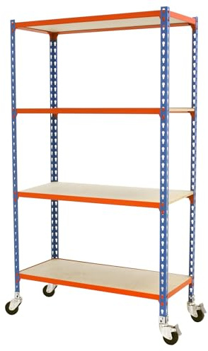 Simon Rack Schwerlastregal mit Rollen, 1575x800x300 mm, Bis 75 kg Belastbar, 4 Verstellbare Ablagen, MDF-Platten, Kellerregal, Lagerregal, Blau/Orange/Holz - Maderclick