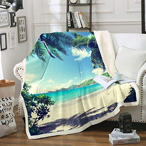 Loussiesd Hawaiian Beach Fleece - Ocean Sea Printed Plush for Chair, Sofa, Couch - Tropical Palm Tree Throw - Summer Holiday Bedroom Decor - Fuzzy Double 60x79