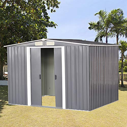 Outdoor Storage Shed, Large 8 X 10 Metal Garden Shed Outdoor Storage Tool Box Apex Roof for Backyard Garden House with Lockable Sliding Door (Gray)