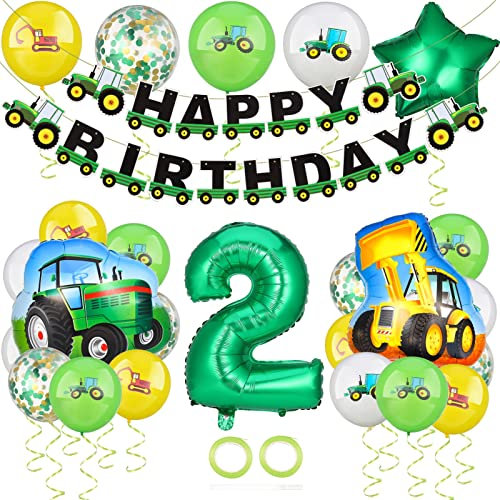 Popuppe Kindergeburtstag Deko, Geburtstagsdeko Jungen 2 Jahre, Kinder Geburtstag Party Dekoration Set Mit Traktor Luftballon,Bagger Luftballon,Happy Birthday Banner