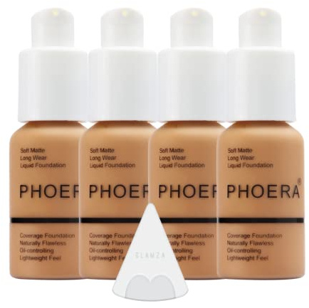 Glamza Phoera Foundation Full Coverage Makeup Set - 24hr Long Lasting Oil Control - Soft Smooth Matte Flawless Concealer Cream - Inc x4 30ml Foundation & Silicone Blender Sponge (106 Warm Sun)