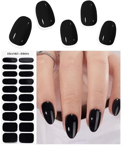 EBANKU 20PCS Semi Gel Nail Strips, Black Gel Nail Stickers Long Lasting Gel Strips for Nails UV Gel Nail Stickers with Nail File & Wooden Stick for Women Manicure