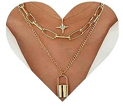 Allereya Punk Layered Chain Necklace Gold Cz Star Pendant Necklace Vintage Lock Choker Necklace Chunky Paperclip Chain Necklace Jewelry for Women and Girls