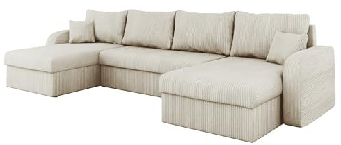 Mirjan24 Ecksofa Kristofer U Cord, Design Eckcouch Couch mit Schlaffunktion, DREI Bettkasten, Wohnlandschaft, Bettfunktion, U-Form Sofa, Seite Universal, Farbauswahl (Poso 100)