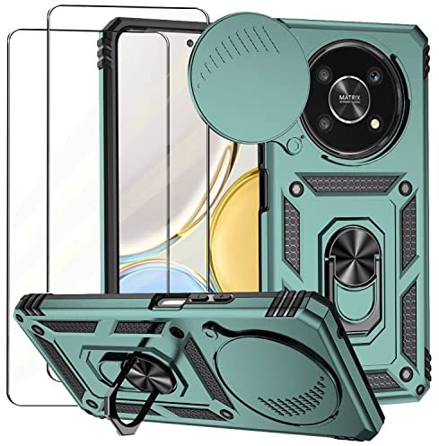 NEINEI Cover per Magic 4 Lite/Honor X9 4G/5G + 2 Vetro Temperato,Custodia con Scorrevole Protezione Fotocamera,Militare Antiurto Outdoor Case Custodie con Supporto e Magnetico,Verde